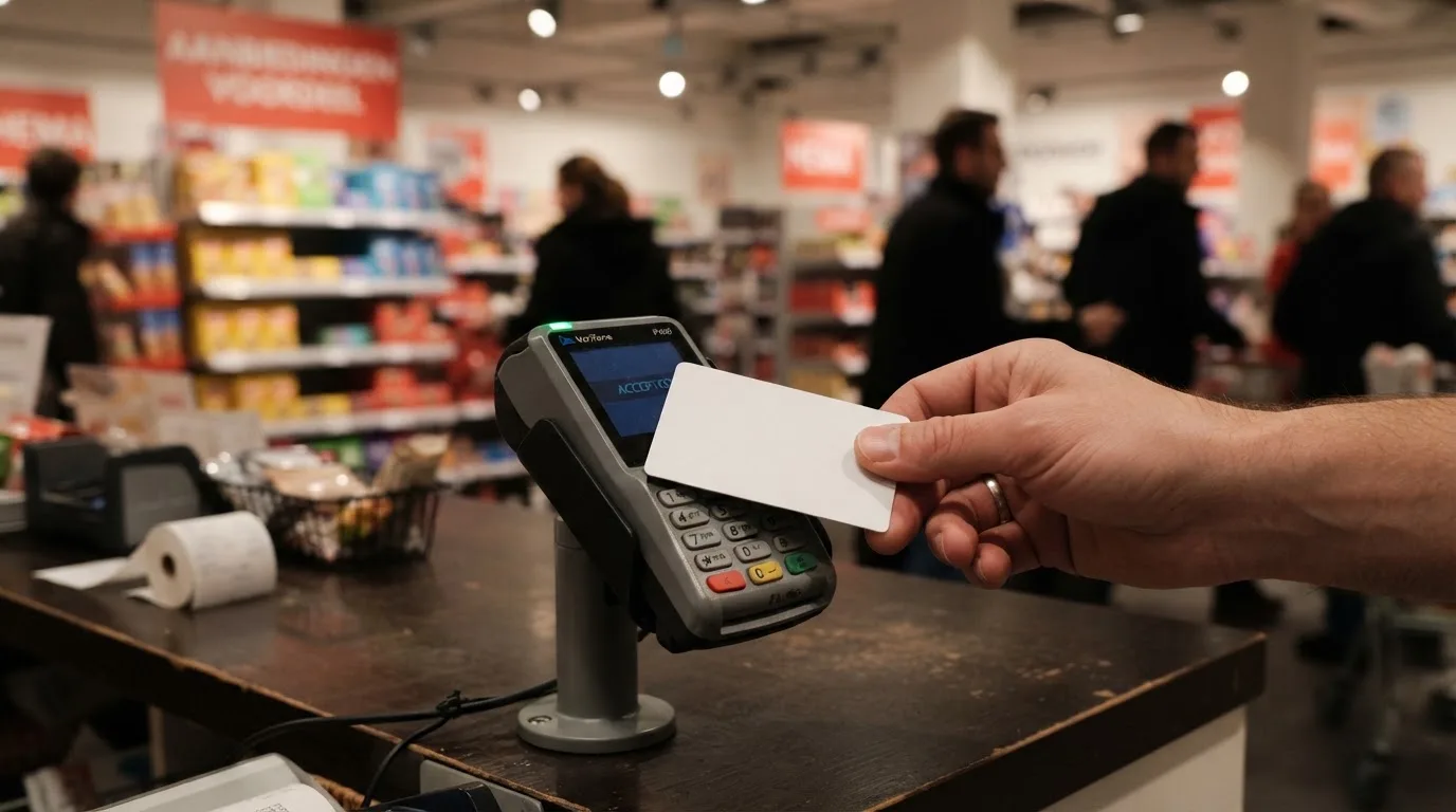 Een hand houdt een bankpas vast bij een betaalterminal in een drukke winkelstraat, met vervaagde voorbijgangers op de achtergrond.