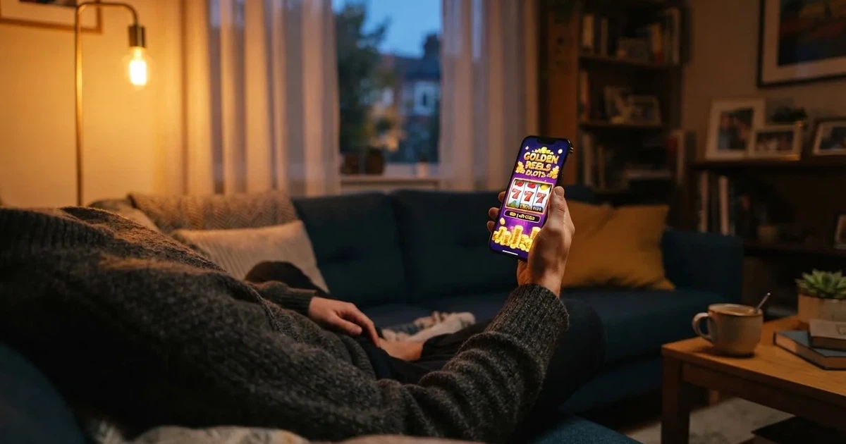 Een persoon zit ontspannen op de bank met een smartphone in de hand, terwijl er zacht avondlicht door het raam van de woonkamer valt.